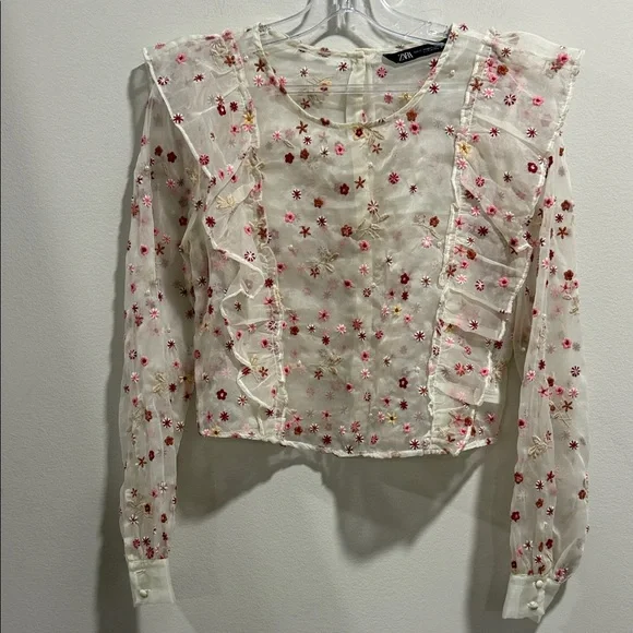 Zara Cream Sheer Blouse with Pink Floral Embroidery & Pearl Design - Picture 1 of 6